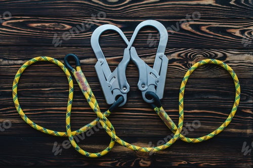 Preview: Connected ropes. Isolated photo of climbing equipment. Parts of carabiners lying on the wooden table