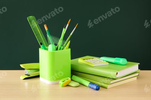 Preview: Different school stationery on wooden table near green chalkboard. Back to school