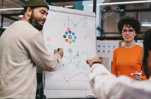 Preview: Cheerful colleagues analyzing diagrams on flip board