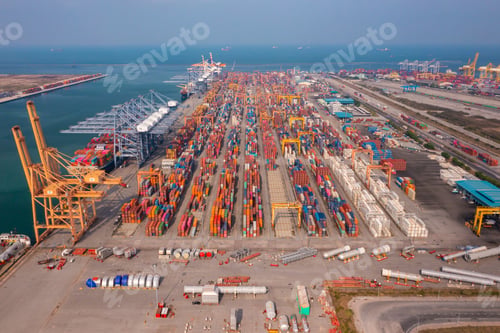 Preview: Aerial top view of container cargo ship in the export and import business and logistics