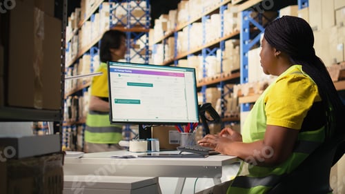 Preview: Warehouse employee using package tracking software on computer monitor