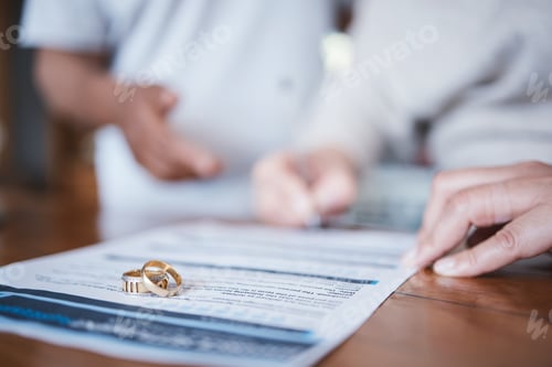 Preview: Family law, divorce and marriage court for couple with a contract, document or legal paperwork to s