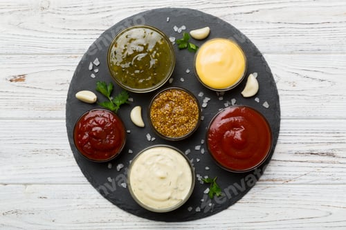 Preview: Many different sauces and herbs on table, flat lay top view. sauces on plate, healthy concept