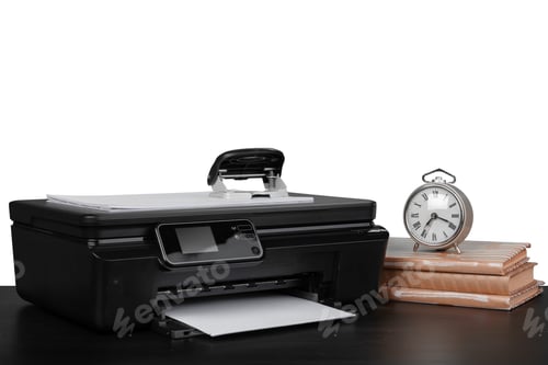 Preview: Office table with laser printer and books against white background