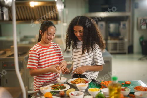 Preview: Two young chefs prepare a meal together in a busy kitchen during afternoon hours