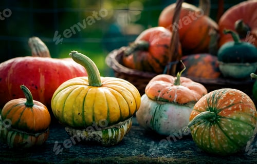 Preview: autumn decorative pumpkins. Thanksgiving or Halloween holiday harvest concept.