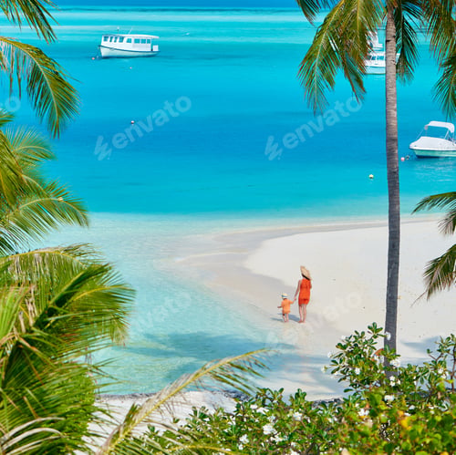 Preview: Three Year Old Toddler Boy On Beach With Mother. Summer Family Vacation At Maldives.