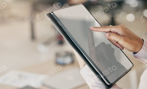 Preview: Hands, tablet and screen for business woman for click, planning or scroll with mockup space in offi