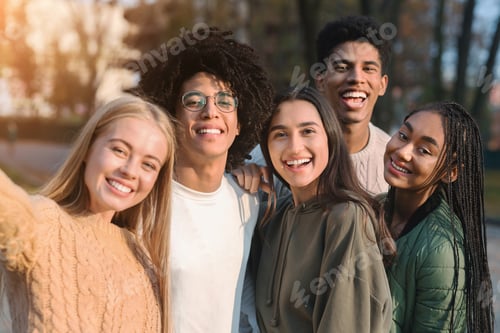 Preview: Positive multiracial teen friends taking selfie while walking in park
