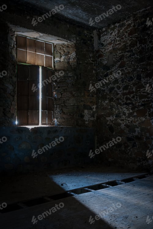 Preview: Empty abandoned creepy deserted room with bright sun lights entering the windows