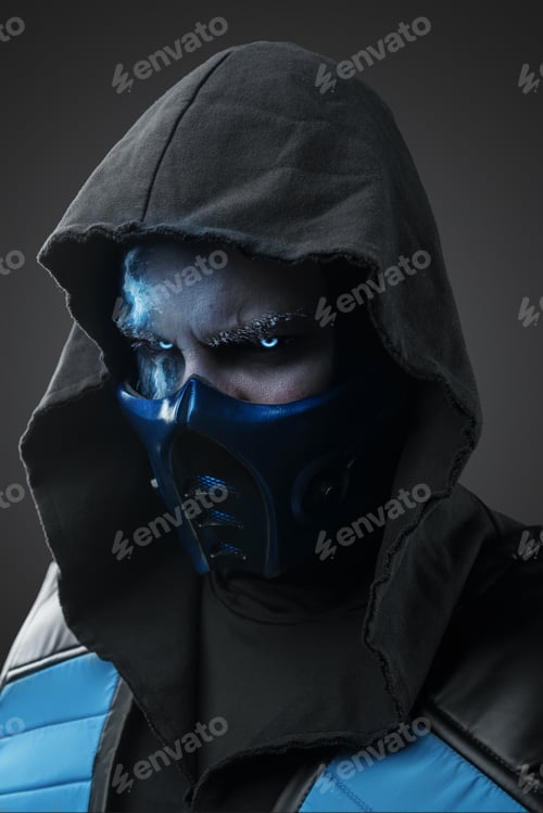 Preview: Angry ice assassin with hood against grey background