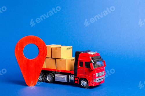 Preview: A red truck loaded with boxes and a red pointer location
