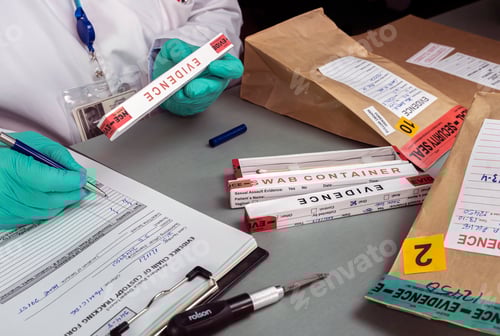 Preview: police scientist takes data from evidence box in crime lab, conceptual image