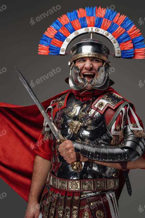 Preview: Screaming roman centurion with red cloak holding gladius