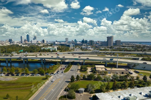 Preview: Aerial view of Jacksonville city with high office buildings and american freeway
