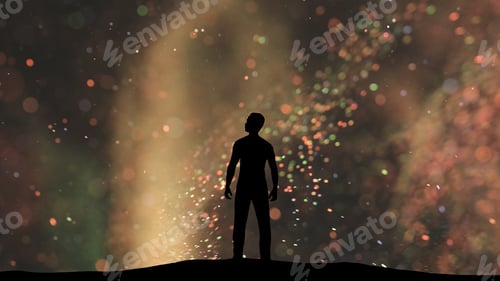 Preview: The man stands on small shimmering particles background.