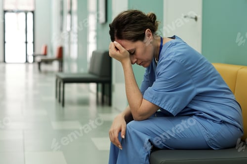 Preview: Young tired or stressed female doctor sitting in hospital corridor