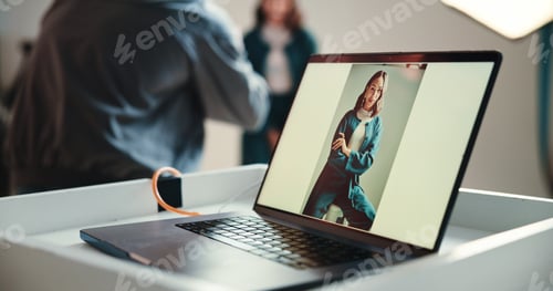 Preview: Laptop screen, photography and editing in studio for creative, digital art or magazine project. Tec