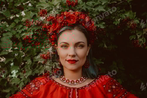 Woman in Floral Headdress with Red Embroidered Dress