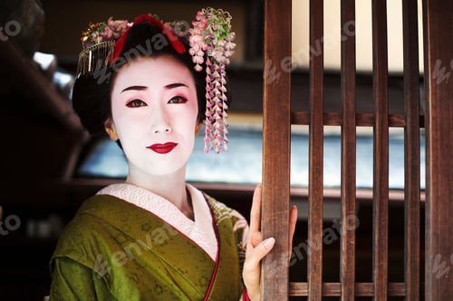 Preview: A woman dressed in the traeditional geisha style, wearing a kimono and obi, with an elaborate