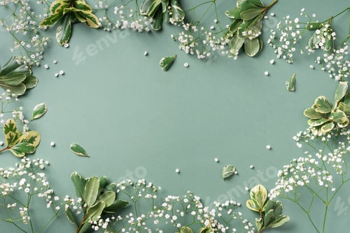 Preview: Small white gypsophila flowers on pastel green background. Women's Day, Mother's Day