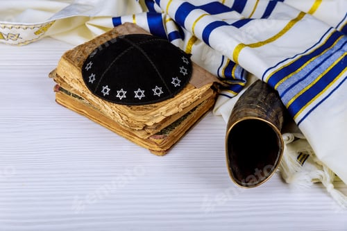 Preview: Hebrew handwritten Torah, on a synagogue alter, with Kippah and Talith shofar ram's horn
