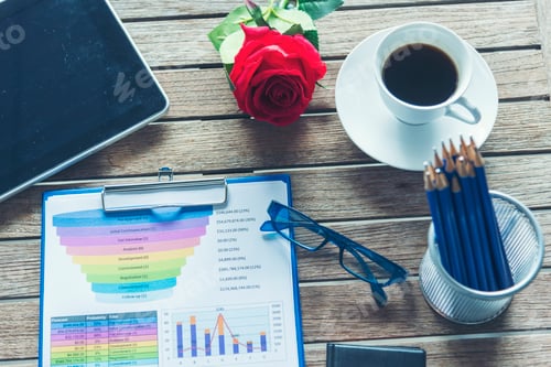 Preview: Office laptop business financial document chart and graph on wooden table with coffee cup