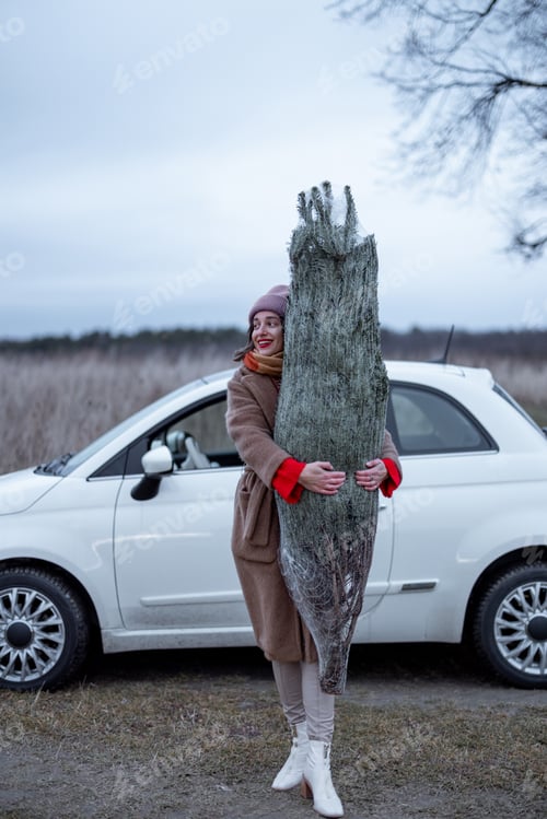 Preview: Woman carries Christmass tree outdoors