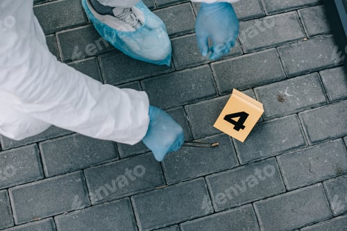 Preview: Partial view of criminologist in protective suit and latex gloves putting evidence into flask by