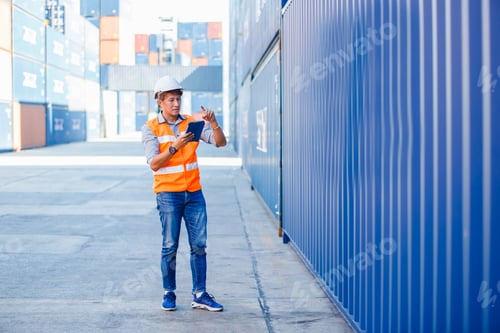 Preview: Foreman in uniform wearing safety helmet using tablet checking containers loading.
