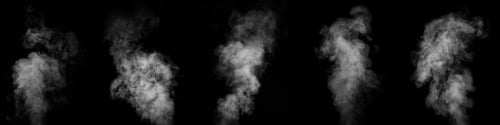 Preview: set of five different types of swirling smoke steam isolated on black for overlaying on your photos