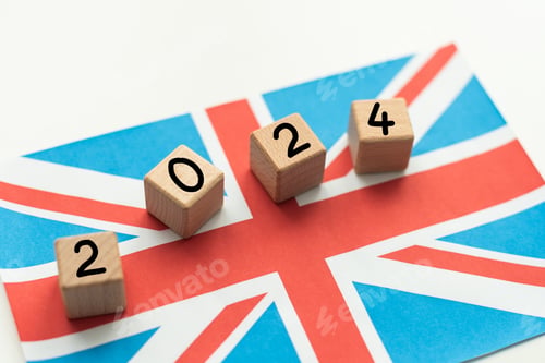 Preview: 2024, United Kingdom, United Kingdom flag with date block, Concept, Important events for UK in the