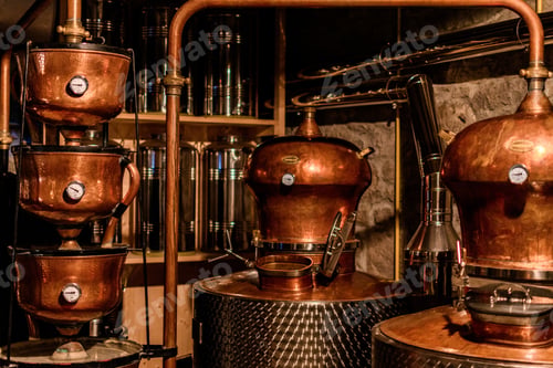 Preview: Copper equipment in a distillery for alcohol and liquor distillation.