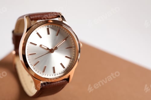 Preview: Elegant Watch with Brown Band on White Background