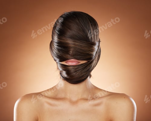 Preview: Hair cover face, mask and beauty with hair care, woman and lips for cosmetic marketing with keratin