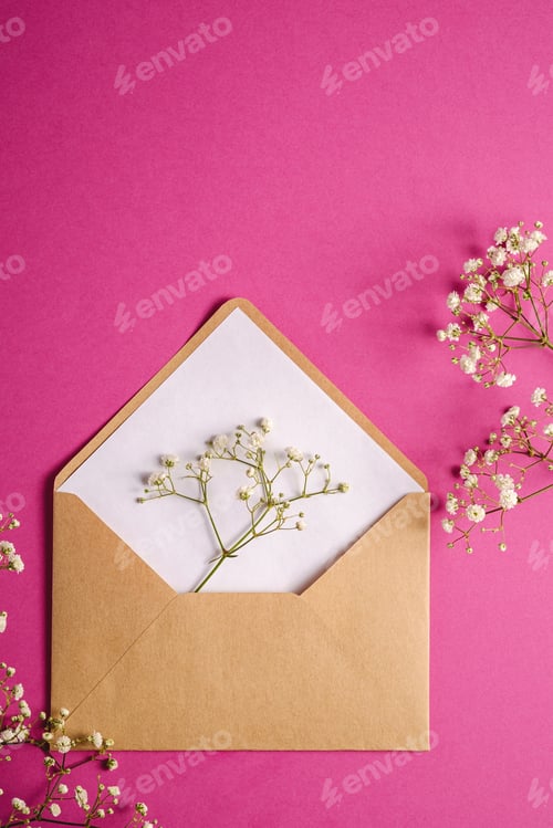 Preview: Kraft brown paper envelope with white empty card, gypsophila flowers