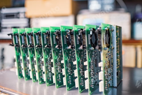 Preview: Close-up electric green embedded microcircuits in production