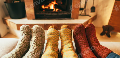 Preview: Feet view of happy family wearing warm socks in front of fireplace