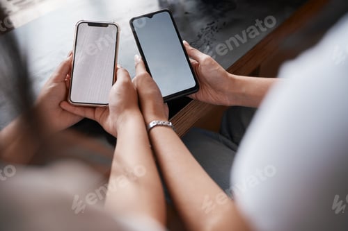 Preview: Mockup screen, advertising and friends marketing a mobile app, communication and internet connectio