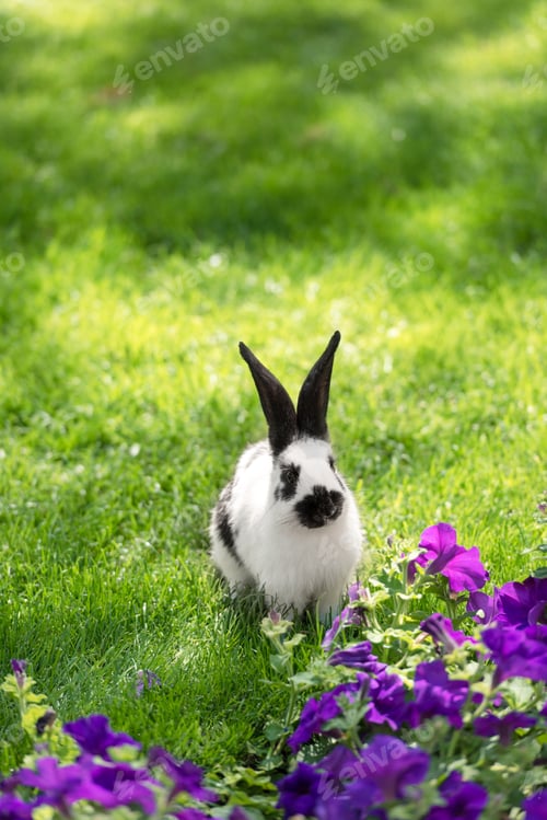 Preview: cute black and white bunny on green grass near purple tobacco flowers