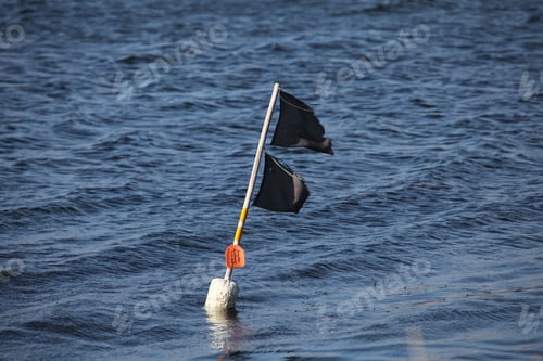 Preview: Buoy with two torn black flags floating in the calm waters of a lake or river