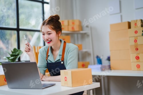 Preview: Young Asian Woman Managing Ecommerce Business on Laptop
