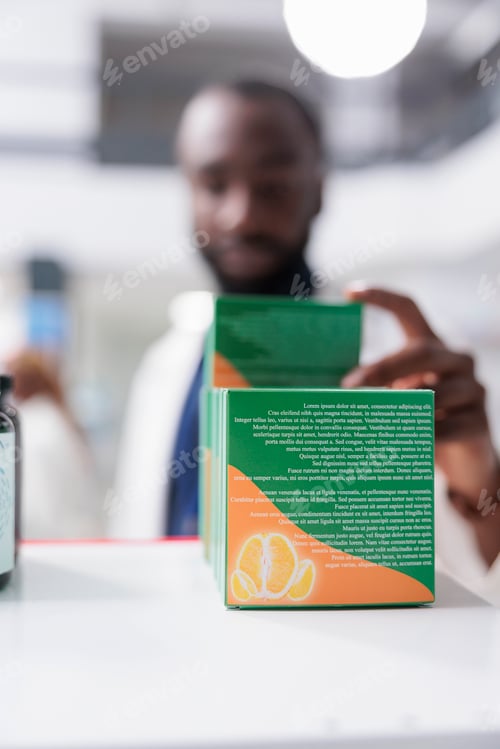 Preview: Pharmacy concept, african american pharmacist selling vitamins