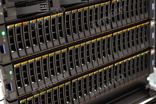 Preview: Large SAN Disk Cabinet In Rack At Datacenter