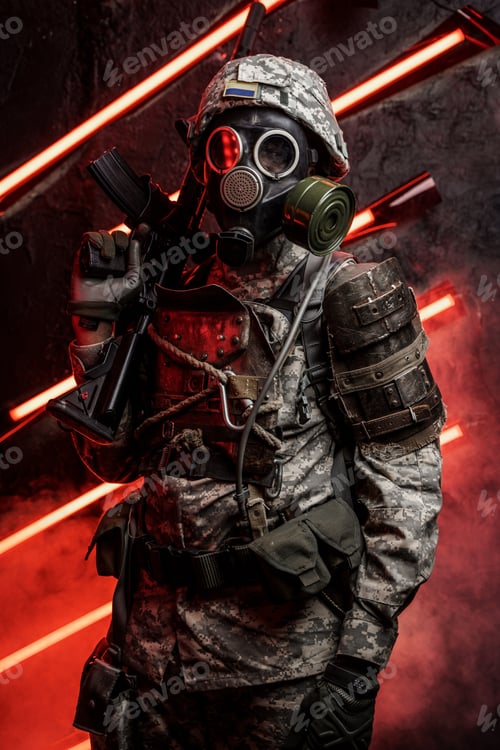 Preview: Apocalyptic soldier with rifle against red background with neon