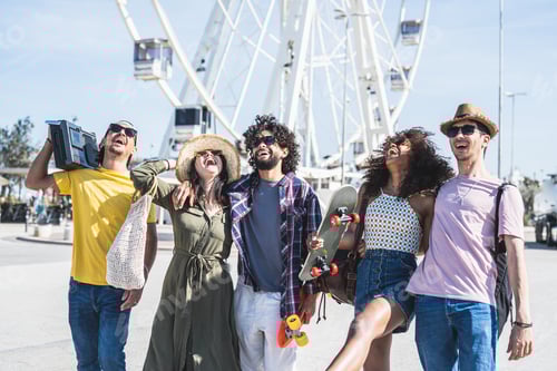 Preview: happy group of friends going to the beach, summertime vacation of generation z people