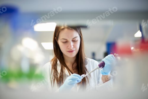 Preview: Young female scientist meticulously conducting an experiment in a laboratory.