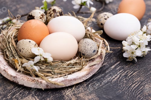 Preview: Easter composition with eggs and blooming branch