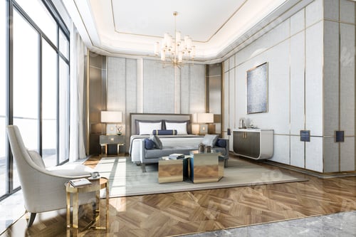 Preview: 3d rendering beautiful classic luxury bedroom suite in hotel with tv