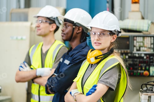 Preview: Robotic technician, Factory engineer inspecting machine with smart tablet, robot arm remote system